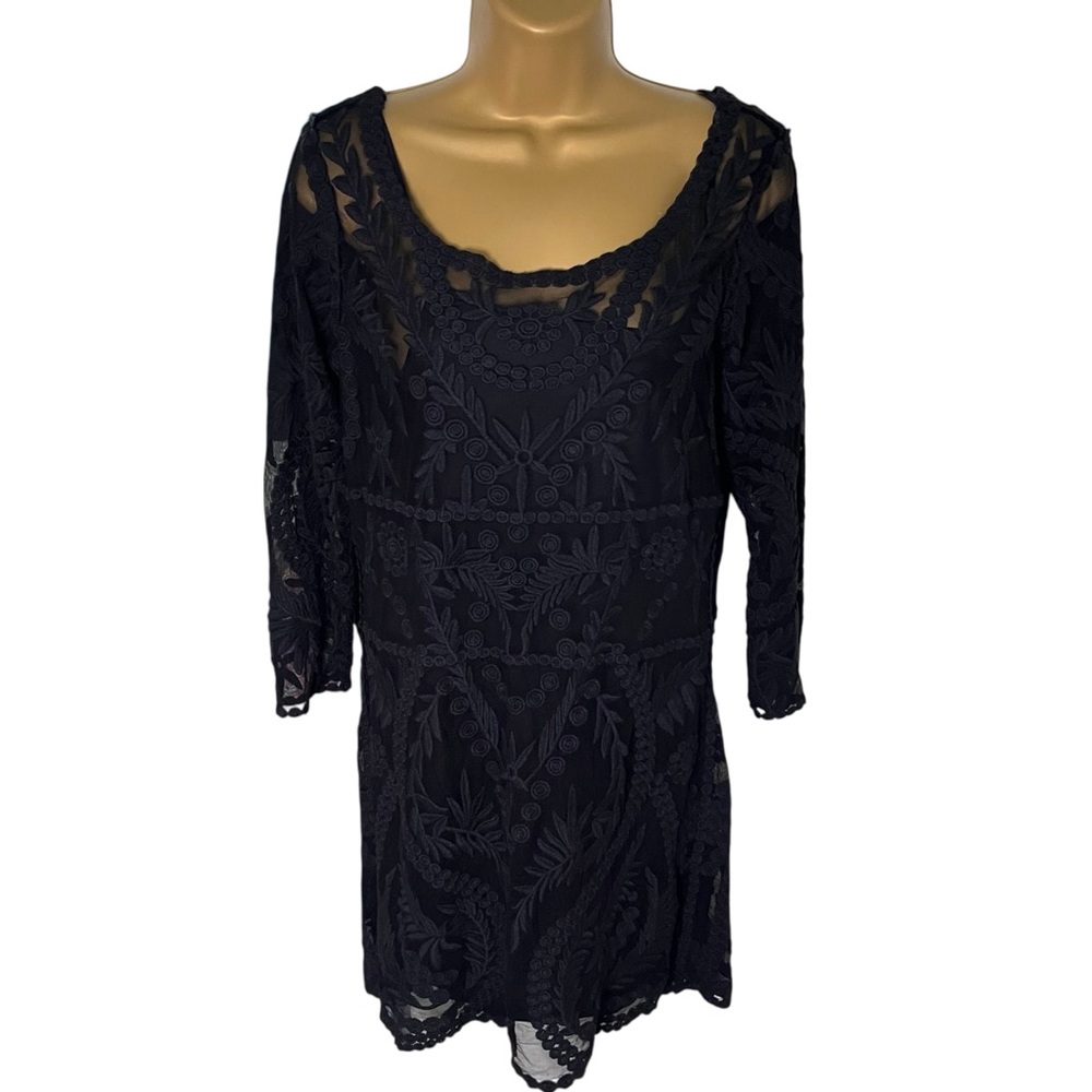 Express Embroidered Mesh Mini Dress Lace Overlay Sheer Sleeves Black M